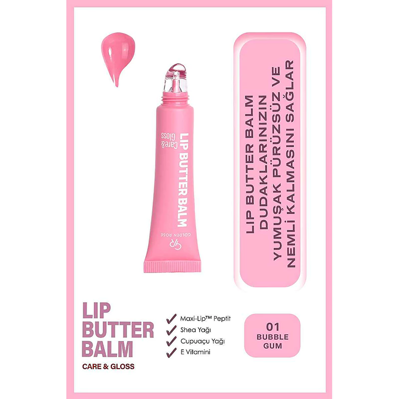 بالم لب تیوبی گلدن رز مدل Care & Gloss شماره 01 رنگ Bubble Gum | Golden Rose Care & Gloss Lip Balm No.01 Bubble Gum